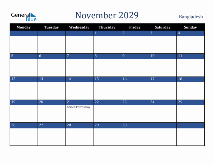 November 2029 Bangladesh Calendar (Monday Start)