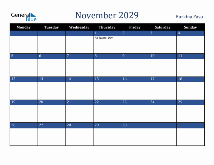 November 2029 Burkina Faso Calendar (Monday Start)
