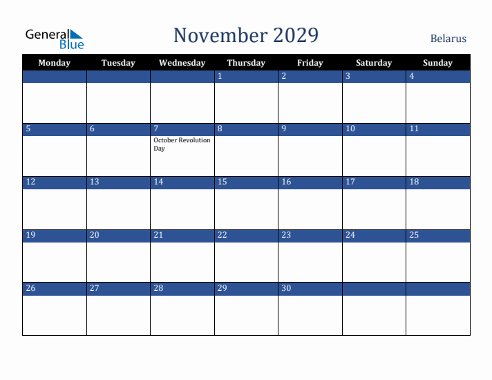 November 2029 Belarus Calendar (Monday Start)