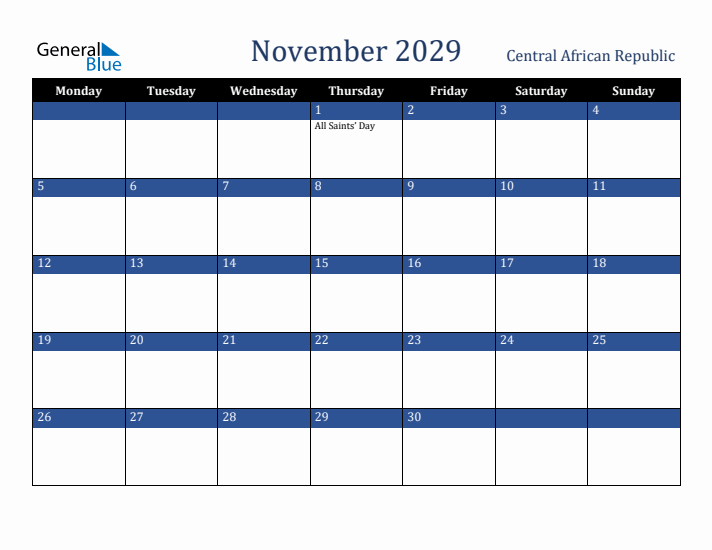 November 2029 Central African Republic Calendar (Monday Start)
