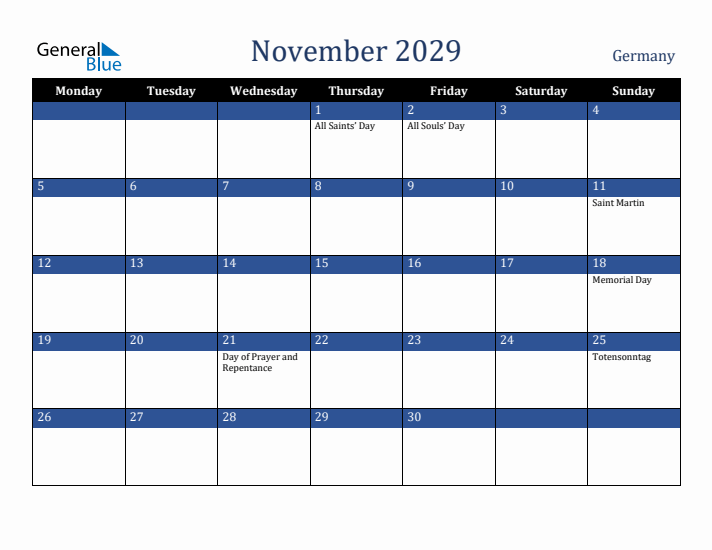November 2029 Germany Calendar (Monday Start)