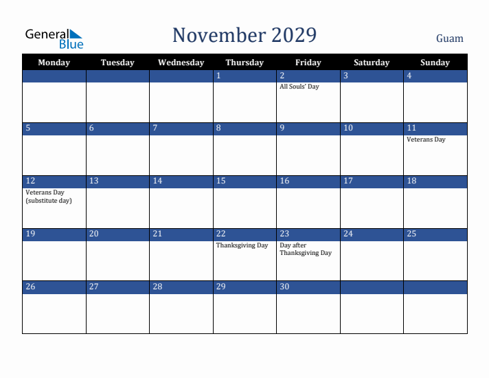 November 2029 Guam Calendar (Monday Start)