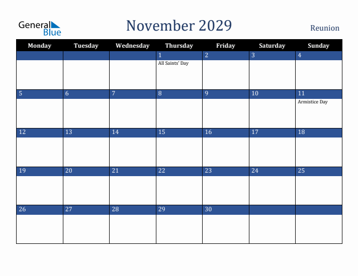 November 2029 Reunion Calendar (Monday Start)