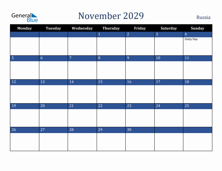 November 2029 Russia Calendar (Monday Start)