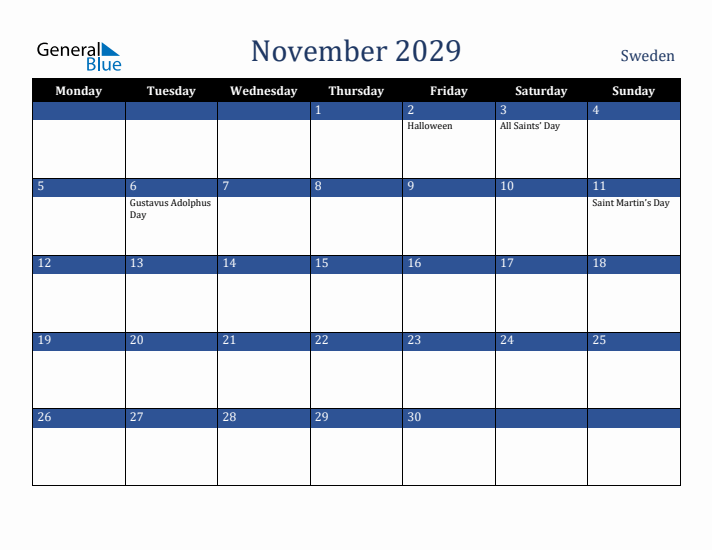 November 2029 Sweden Calendar (Monday Start)