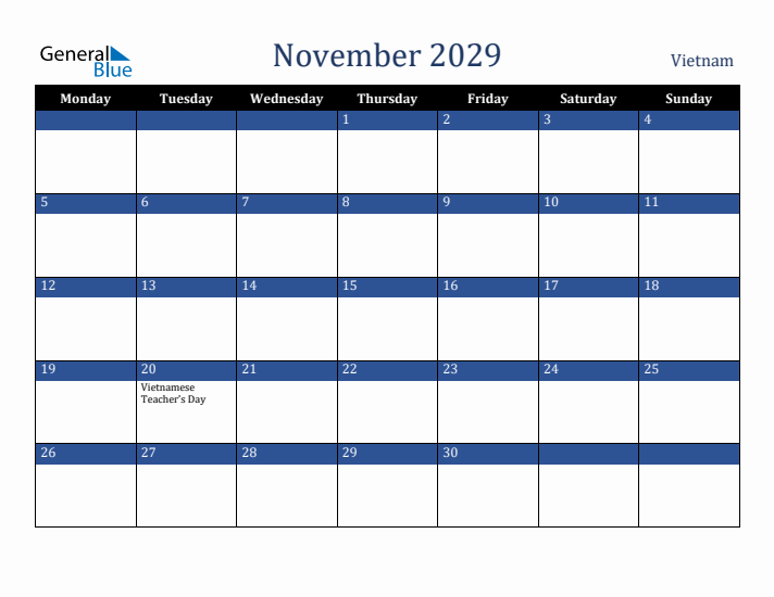 November 2029 Vietnam Calendar (Monday Start)