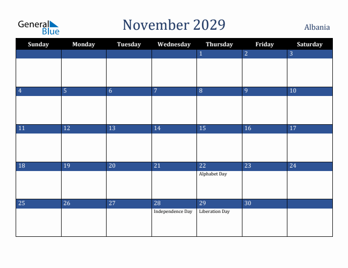 November 2029 Albania Calendar (Sunday Start)