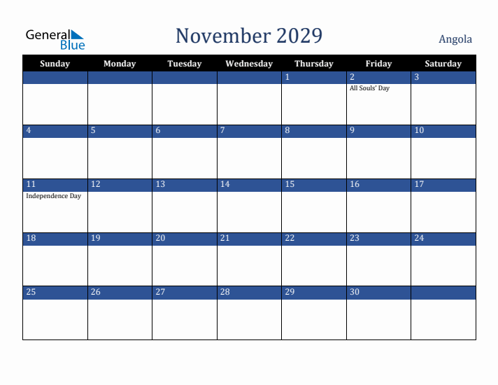 November 2029 Angola Calendar (Sunday Start)