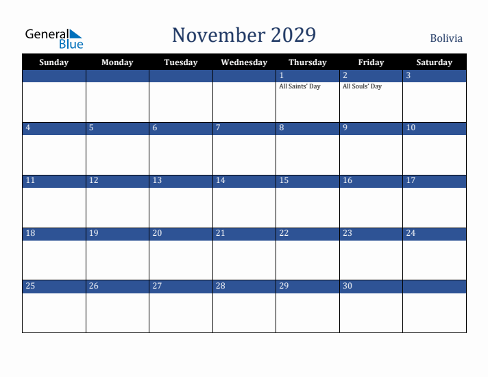 November 2029 Bolivia Calendar (Sunday Start)