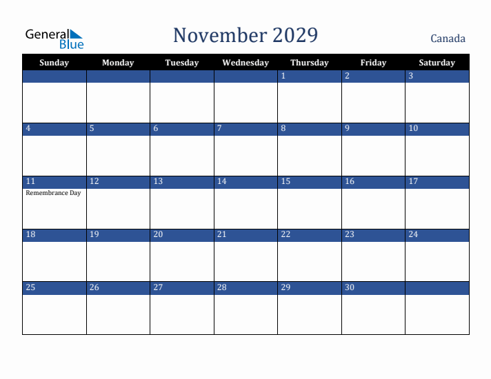 November 2029 Canada Calendar (Sunday Start)