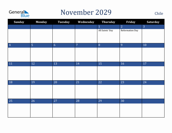 November 2029 Chile Calendar (Sunday Start)