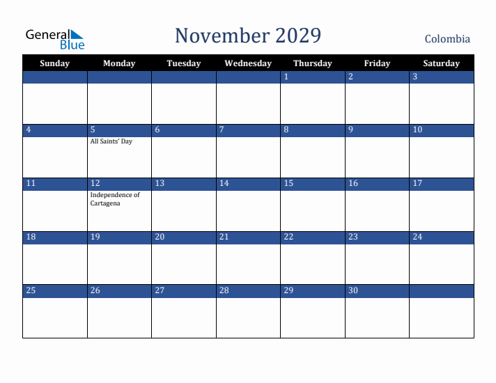November 2029 Colombia Calendar (Sunday Start)