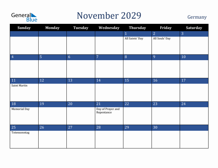 November 2029 Germany Calendar (Sunday Start)