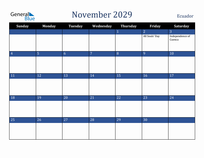 November 2029 Ecuador Calendar (Sunday Start)