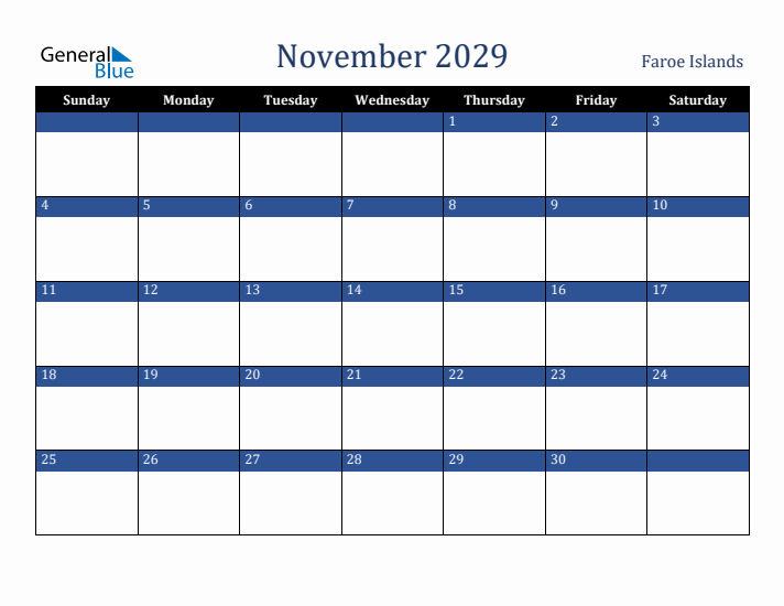 November 2029 Faroe Islands Calendar (Sunday Start)