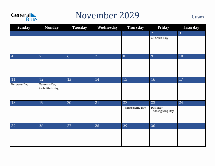 November 2029 Guam Calendar (Sunday Start)