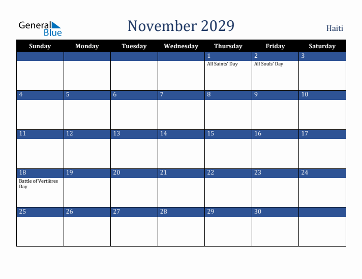 November 2029 Haiti Calendar (Sunday Start)