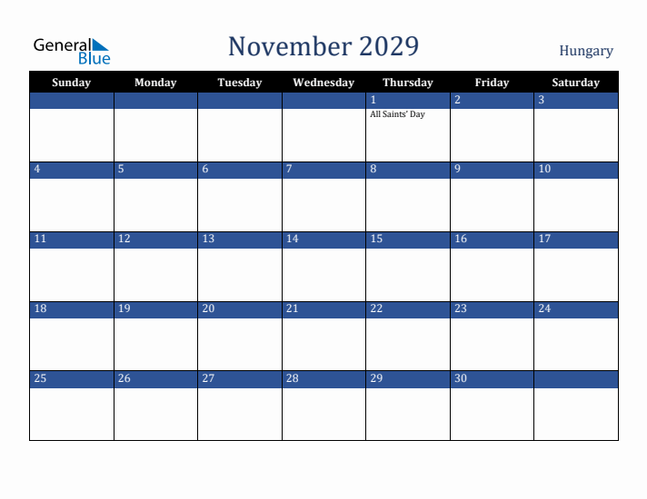 November 2029 Hungary Calendar (Sunday Start)