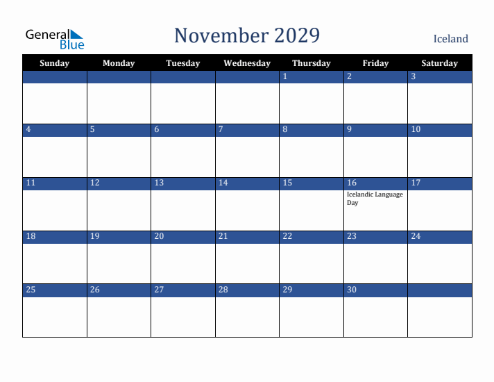 November 2029 Iceland Calendar (Sunday Start)