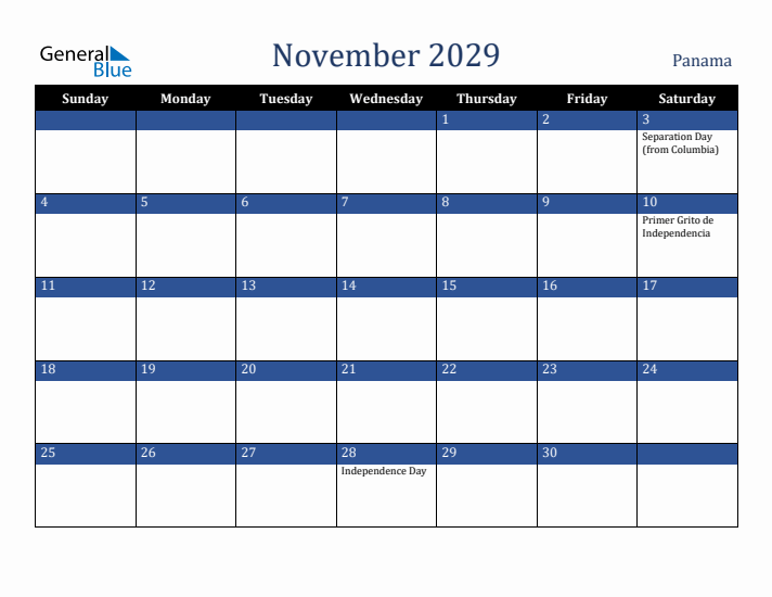 November 2029 Panama Calendar (Sunday Start)