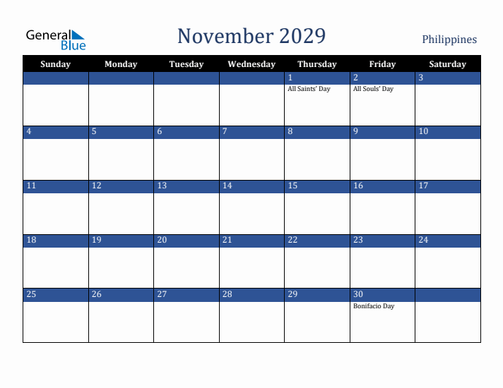 November 2029 Philippines Calendar (Sunday Start)