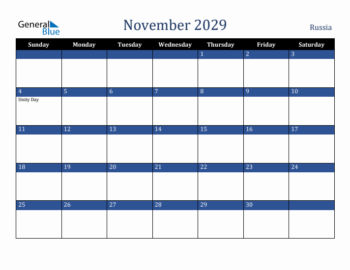 November 2029 Russia Calendar (Sunday Start)
