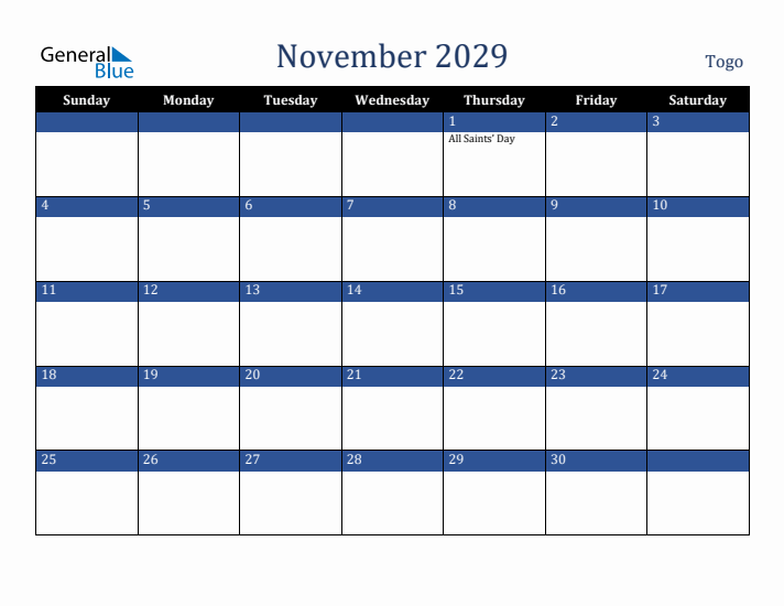 November 2029 Togo Calendar (Sunday Start)