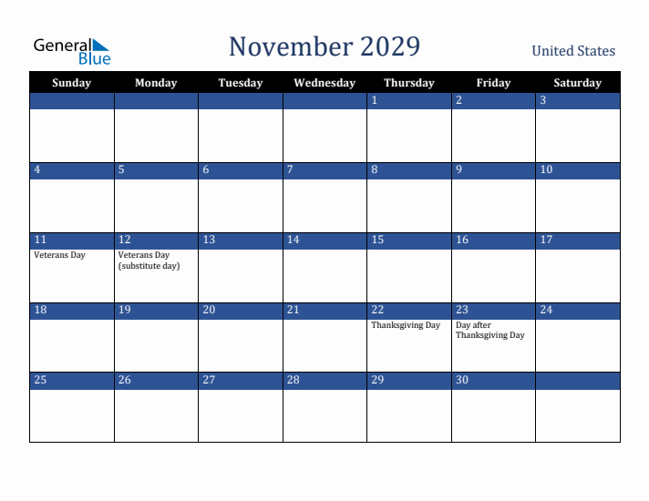 November 2029 United States Calendar (Sunday Start)