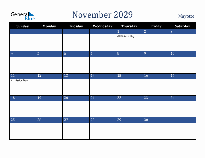 November 2029 Mayotte Calendar (Sunday Start)