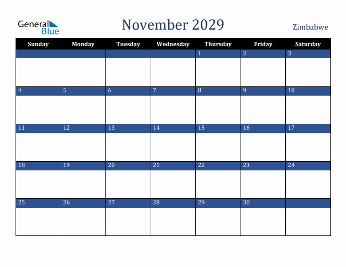 November 2029 Zimbabwe Calendar (Sunday Start)