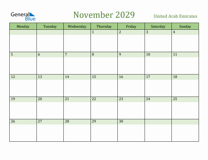 November 2029 Calendar with United Arab Emirates Holidays