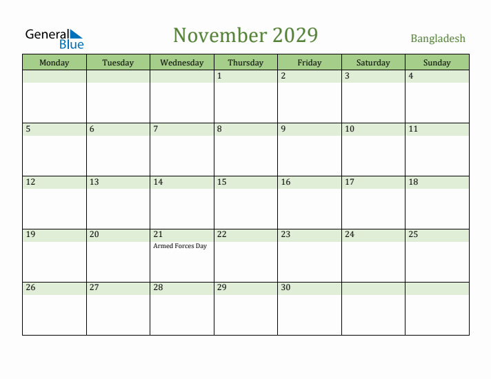 November 2029 Calendar with Bangladesh Holidays