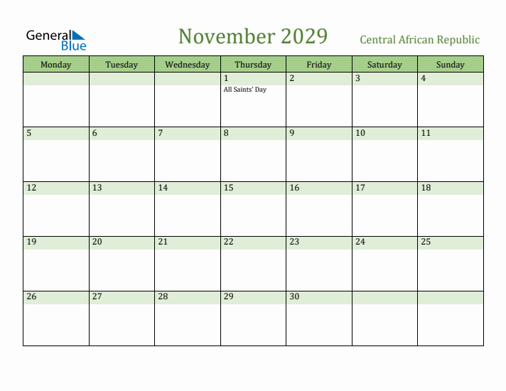 November 2029 Calendar with Central African Republic Holidays