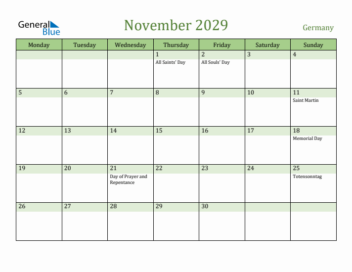 November 2029 Calendar with Germany Holidays