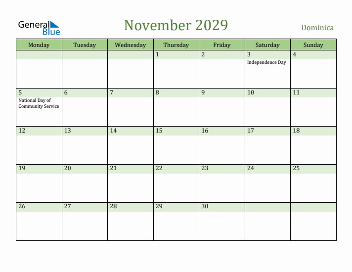 November 2029 Calendar with Dominica Holidays