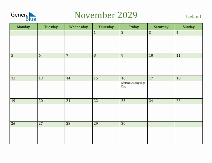 November 2029 Calendar with Iceland Holidays