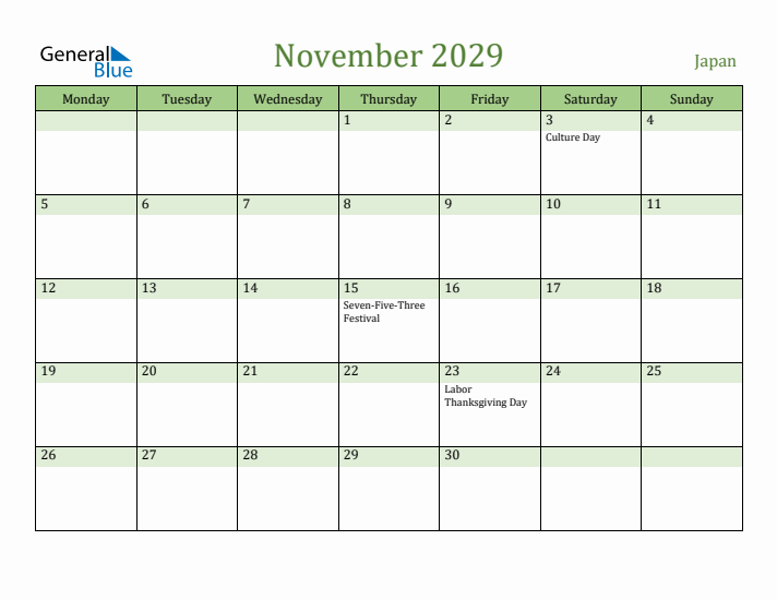 November 2029 Calendar with Japan Holidays