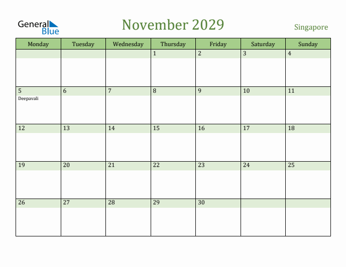 November 2029 Calendar with Singapore Holidays