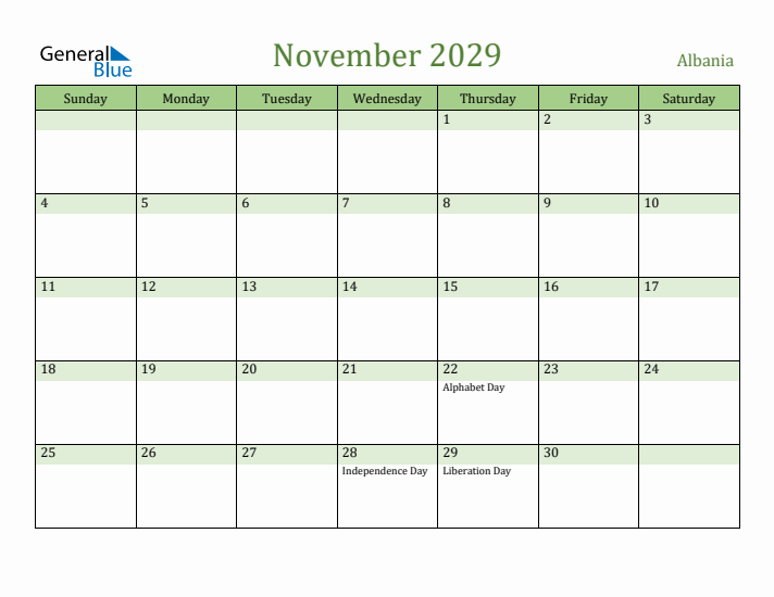 November 2029 Calendar with Albania Holidays