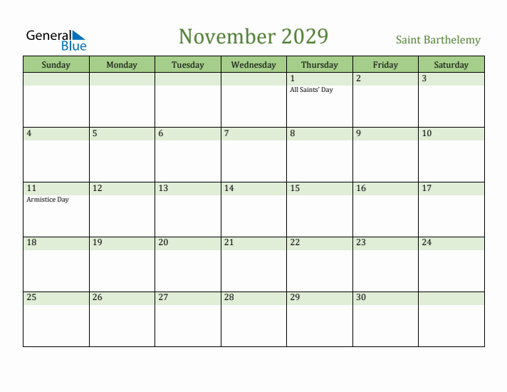 November 2029 Calendar with Saint Barthelemy Holidays