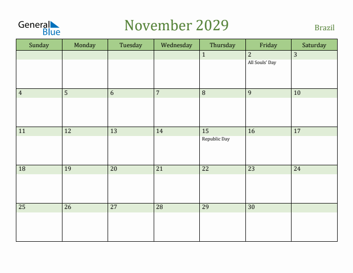 November 2029 Calendar with Brazil Holidays