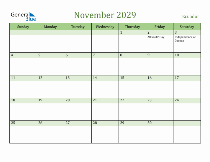 November 2029 Calendar with Ecuador Holidays