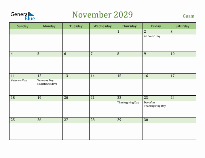 November 2029 Calendar with Guam Holidays