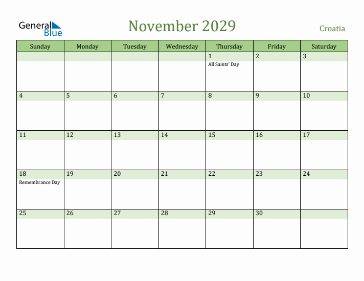November 2029 Calendar with Croatia Holidays