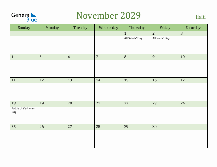 November 2029 Calendar with Haiti Holidays