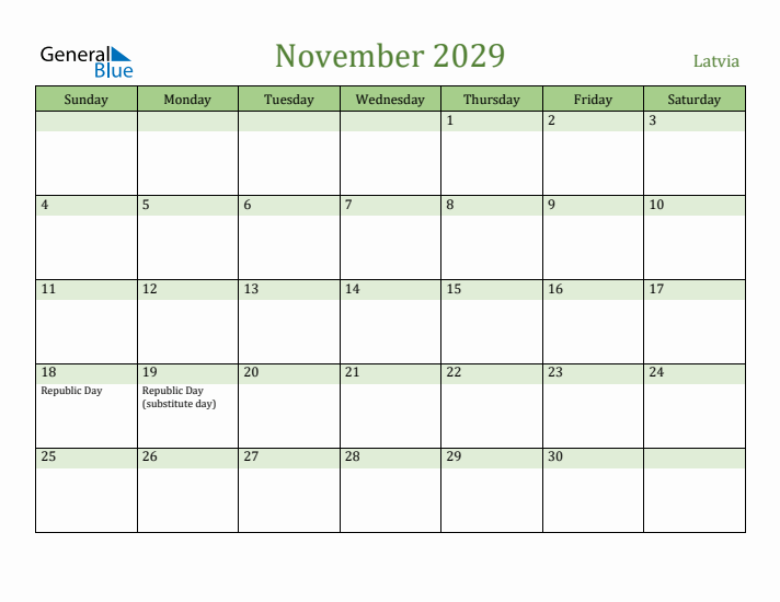 November 2029 Calendar with Latvia Holidays