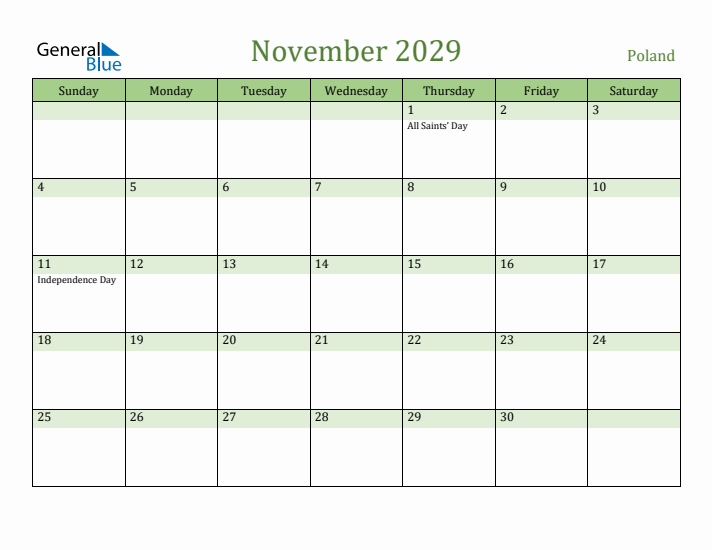 November 2029 Calendar with Poland Holidays