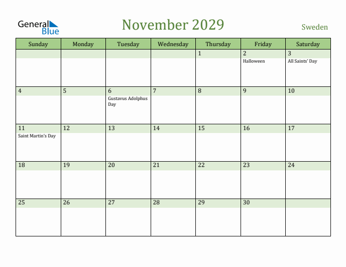 November 2029 Calendar with Sweden Holidays
