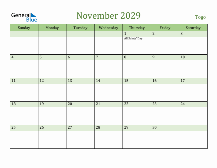 November 2029 Calendar with Togo Holidays