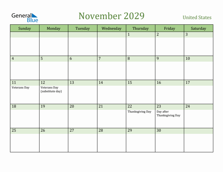November 2029 Calendar with United States Holidays